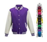 JH043K Just Hoods Kinder Jacke Baseball-Jacke mit kontrastfarbenen Ärmeln VARSITY-Jacke Hot Pink 12/13 (XL)