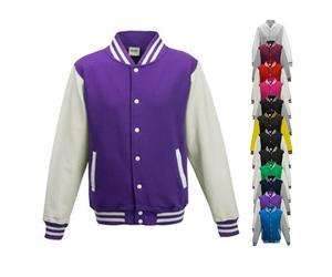 JH043K Just Hoods Kinder Jacke Baseball-Jacke mit kontrastfarbenen Ärmeln VARSITY-Jacke Purple 7/8 (M)