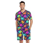 JHKKU Herren-Pyjama-Set, kurzärmelig, Sommer-Pyjama, kurzes Set, 2-teilig, Loungewear, Nachtwäsche mit Taschen, Lustige Neon-Dinosaurier, bunt, XL