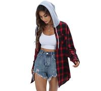 Jhsnjnr Damen Oversize Flanellhemd Hoodie Button Up Karo V-Ausschnitt Oberteil Mode Langarm Karierte Bluse