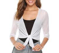 JHTVGIUZ Bolero Damen Festlich,Damen Shrug Bolero Jacke Mit 3/4 Ärmeln Gerüscht Zum Binden Sommer Vorne Offen Cardigan Oberteil Zum Binden Eleganter Strandüberzug Für Kleid Abendhochzeit Weiß L
