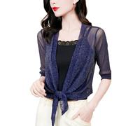 JHTVGIUZ Bolero Damen Festlich,Glitzer Bolero Shrugs Für Damen Zum Binden Strickjacke Elegant 3/4 Ärmel Dünne Jacken Gehäkelt Locker Transparent Strandüberzug Für Kleid Abendhochzeit Blau L