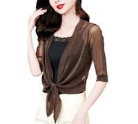 JHTVGIUZ Bolero Damen Festlich,Glitzer Bolero Shrugs Für Damen Zum Binden Strickjacke Elegant 3/4 Ärmel Dünne Jacken Gehäkelt Locker Transparent Strandüberzug Für Kleid Abendhochzeit Kaffee M