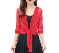 JHTVGIUZ Bolero Damen Festlich,Glitzer Bolero Shrugs Für Damen Zum Binden Strickjacke Elegant 3/4 Ärmel Dünne Jacken Gehäkelt Locker Transparent Strandüberzug Für Kleid Abendhochzeit Rot M