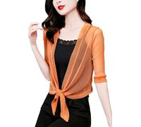 JHTVGIUZ Cardigan Damen,Glitzer Bolero Shrugs Für Damen Zum Binden Strickjacke Elegant 3/4 Ärmel Dünne Jacken Gehäkelt Locker Transparent Strandüberzug Für Kleid Abendhochzeit Orange M
