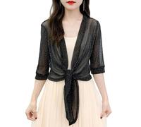 JHTVGIUZ Damen Strickjacke,Glitzer Bolero Shrugs Für Damen Zum Binden Strickjacke Elegant 3/4 Ärmel Dünne Jacken Gehäkelt Locker Transparent Strandüberzug Für Kleid Abendhochzeit Schwarz XL
