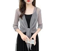 JHTVGIUZ Damen Strickjacke,Glitzer Bolero Shrugs Für Damen Zum Binden Strickjacke Elegant 3/4 Ärmel Dünne Jacken Gehäkelt Locker Transparent Strandüberzug Für Kleid Abendhochzeit Grau L