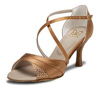JIA JIA 20522 Damen Sandalen Ausgestelltes Heel Super-Satin Latein Strass Tanzschuhe Farbe Braun,Größe 34 EU