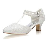 JIAJIA 00968 Frauen Brautschuhe Closed Toe T-Strap Block Niedriger Absatz Spitze Satin Pumps Hochzeitsschuhe Farbe Elfenbein,Größe 38 EU