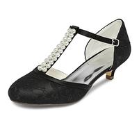 JIAJIA 01129 Damen Brautschuhe Geschlossene Zehe T-Riemen Niedrige Ferse Spitze Satin Pumpen Nachahmung Hochzeitsschuhe Farbe Schwarz,Größe 38 EU