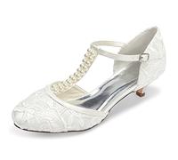 JIAJIA 01129 Damen Brautschuhe Geschlossene Zehe T-Riemen Niedrige Ferse Spitze Satin Pumpen Nachahmung Hochzeitsschuhe Farbe Elfenbein,Größe 35 EU