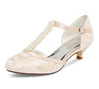 JIAJIA 01129 Damen Brautschuhe Geschlossene Zehe T-Riemen Niedrige Ferse Spitze Satin Pumpen Nachahmung Hochzeitsschuhe Farbe Champagner,Größe 36 EU