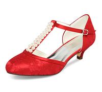 JIAJIA 01129 Damen Brautschuhe Geschlossene Zehe T-Riemen Niedrige Ferse Spitze Satin Pumpen Nachahmung Hochzeitsschuhe Farbe Rot,Größe 40 EU