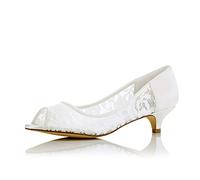 JIAJIA 01131 Frauen Brautschuhe Peep Toe Low Heel Lace Satin Pumps Hochzeitsschuhe Farbe Elfenbein,Größe 41 EU