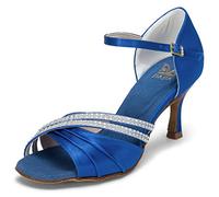 JIAJIA 20524 Damen Sandalen 7,5cm Ausgestelltes Heel Super-Satin Strass Latein Tanzschuhe Farbe Blau,Größe 39 EU