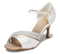 JIAJIA 20524 Damen Sandalen 7,5cm Ausgestelltes Heel Super-Satin Strass Latein Tanzschuhe Farbe Elfenbein,Größe 39 EU