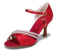 JIAJIA 20524 Damen Sandalen 7,5cm Ausgestelltes Heel Super-Satin Strass Latein Tanzschuhe Farbe Rot,Größe 38 EU