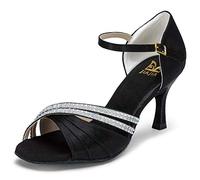 JIAJIA 20524 Damen Sandalen 7,5cm Ausgestelltes Heel Super-Satin Strass Latein Tanzschuhe Farbe Schwarz,Größe 34 EU