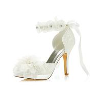 JIAJIA 3703L Damen Brautschuhe Closed Toe 8cm Stöckelabsatz Spitze Satin Plateau Pumps Satin Blumenband Krawatte Hochzeitsschuhe Farbe Elfenbein,Größe 37 EU (4 UK)