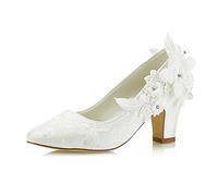 JIAJIA 62311 Damen Brautschuhe Closed Toe 7cm Chunky Heel Spitze Satin Pumps Satin Blume Hochzeitsschuhe Farbe Elfenbein,Größe 39 EU (5.5 UK)