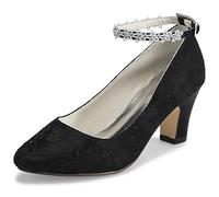 JIAJIA 62311A Damen Brautschuhe Closed Toe Chunky Heel Spitze Satin Pumps Satin Blume Hochzeitsschuhe Farbe Schwarz,Größe 35 EU (2.5 UK)