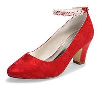 JIAJIA 62311A Damen Brautschuhe Closed Toe Chunky Heel Spitze Satin Pumps Satin Blume Hochzeitsschuhe Farbe Rot,Größe 37 EU (4 UK)