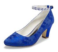 JIAJIA 62311A Damen Brautschuhe Closed Toe Chunky Heel Spitze Satin Pumps Satin Blume Hochzeitsschuhe Farbe Blau,Größe 39 EU (5.5 UK)