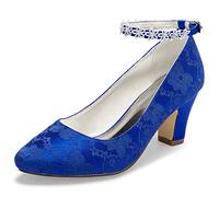 JIAJIA 62311A Damen Brautschuhe Closed Toe Chunky Heel Spitze Satin Pumps Satin Blume Hochzeitsschuhe Farbe Blau,Größe 37 EU (4 UK)