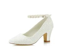 JIAJIA 62311A Damen Brautschuhe Closed Toe Chunky Heel Spitze Satin Pumps Satin Blume Hochzeitsschuhe Farbe Elfenbein,Größe 38 EU (5 UK)