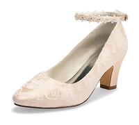 JIAJIA 62311A Damen Brautschuhe Closed Toe Chunky Heel Spitze Satin Pumps Satin Blume Hochzeitsschuhe Farbe Champagner,Größe 37 EU (4 UK)