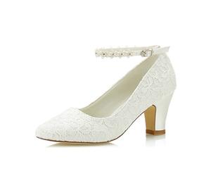 JIAJIA 62311A Damen Brautschuhe Closed Toe Chunky Heel Spitze Satin Pumps Satin Blume Hochzeitsschuhe Farbe Elfenbein,Größe 36 EU (3 UK)