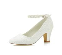 JIAJIA 62311A Damen Brautschuhe Geschlossener Zeh 6.9cm Chunky Heel Spitze Satin Pumps Satin Blume Hochzeitsschuhe, elfenbeinfarben, 38.5 EU