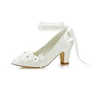 JIAJIA 62311B Damen Brautschuhe Geschlossene Spitze 7cm Blockabsatz Satin Pumpen Satin Blumenband Krawatte Hochzeitsschuhe Farbe Elfenbein,Größe 40 EU (6.5 UK)