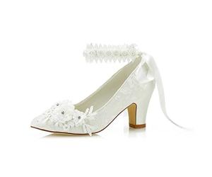 JIAJIA 62311B Damen Brautschuhe Geschlossene Spitze 7cm Blockabsatz Satin Pumpen Satin Blumenband Krawatte Hochzeitsschuhe Farbe Elfenbein,Größe 42 EU (8 UK)