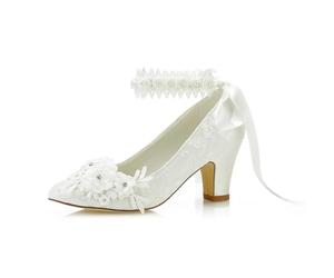JIAJIA 62311B Damen Brautschuhe Geschlossene Spitze 7cm Blockabsatz Satin Pumpen Satin Blumenband Krawatte Hochzeitsschuhe Farbe Elfenbein,Größe 36 EU (3 UK)