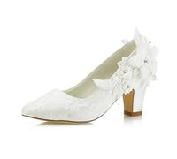 JIAJIA X62311 Damen Brautschuhe Closed Toe 7cm Chunky Heel Spitze Satin Pumps Satin Blume Hochzeitsschuhe Farbe Elfenbein-1,Größe 41 EU
