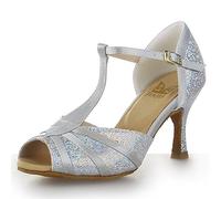 JIAJIA Y20524 Damen Sandalen 7,5cm Ausgestelltes Heel Super-Satin Latein Tanzschuhe Silber, 38