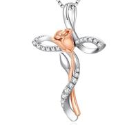 jiamiaoi 18K Weißgold platted Rose Kette mit Anhänger, Rose Kette Kreuz 925 Sterling Silber Perlen Kette Halskette mit Silberkette 18’