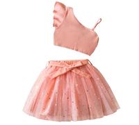 JiAmy 2 Stück Kleidung Gestrickt Top und Pailletten Tüll Rock Mädchen Kinder Outfits Set One Shoulder Sommer Mädchen Party Outfit Set für Rosa 6-7 Jahre