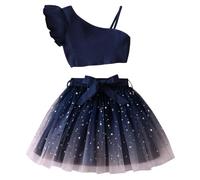 JiAmy 2 Stück Kleidung Gestrickt Top und Pailletten Tüll Rock Mädchen Kinder Outfits Set One Shoulder Sommer Mädchen Party Outfit Set für Marineblau 6-7 Jahre