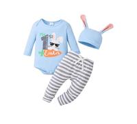 JiAmy Baby Jungen Kleidung Gestreift Body Strampler Langarm Top+Hose+Mütze Babykleidung Set Baumwolle Weiche Bekleidungsset für Neugeborene Kleinkinder Hellblau 3-6 Monate