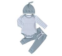 JiAmy Baby Jungen Kleidung Gestreift Body Strampler Langarm Top+Hose+Mütze Babykleidung Set Baumwolle Weiche Bekleidungsset für Neugeborene Kleinkinder 12-18 Monate Blau