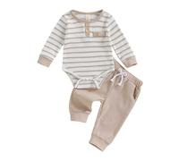 JiAmy Baby Jungen Kleidung Gestreift Body Strampler Langarm Top+Hose+Mütze Babykleidung Set Baumwolle Weiche Bekleidungsset für Neugeborene Kleinkinder Beige 9-12 Monate