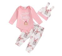 JiAmy Baby Jungen Kleidung Gestreift Body Strampler Langarm Top+Hose+Mütze Babykleidung Set Baumwolle Weiche Bekleidungsset für Neugeborene Kleinkinder Rosa Kaninchen 12-18 Monate