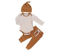 JiAmy Baby Jungen Kleidung Gestreift Body Strampler Langarm Top+Hose+Mütze Babykleidung Set Baumwolle Weiche Bekleidungsset für Neugeborene Kleinkinder 6-9 Monate Dunkelbraun