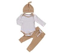 JiAmy Baby Jungen Kleidung Gestreift Body Strampler Langarm Top+Hose+Mütze Babykleidung Set Baumwolle Weiche Bekleidungsset für Neugeborene Kleinkinder 3-6 Monate Hellbraun