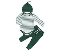 JiAmy Baby Jungen Kleidung Gestreift Body Strampler Langarm Top+Hose+Mütze Babykleidung Set Baumwolle Weiche Bekleidungsset für Neugeborene Kleinkinder 12-18 Monate Grün