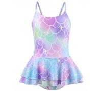 JiAmy Badeanzüge Mädchen, Einteiler Schwimmanzug mit Rock Meerjungfrauen Sling-Back Badeanzug für Kinder Gelb-lila Meerjungfrau 5-6 Jahre