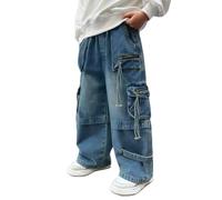 JiAmy Jungen Jeanshose Elastischem Bund Baggy Jeans Jungs Weites Bein Y2k Kinder Cargohose Baumwolle Denim Hosen für Jungen Mädchen Größe 120, 5-6 Jahren