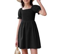 JiAmy Kleider für Mädchen Puffärmel Sommerkleid Quadratischer Ausschnitt Geraffte BrustbereichKinder Kleider A-Linie Einfarbig Mädchen Freizeitkleider für 9-10 Jahre, Schwarz (Etikett:140)